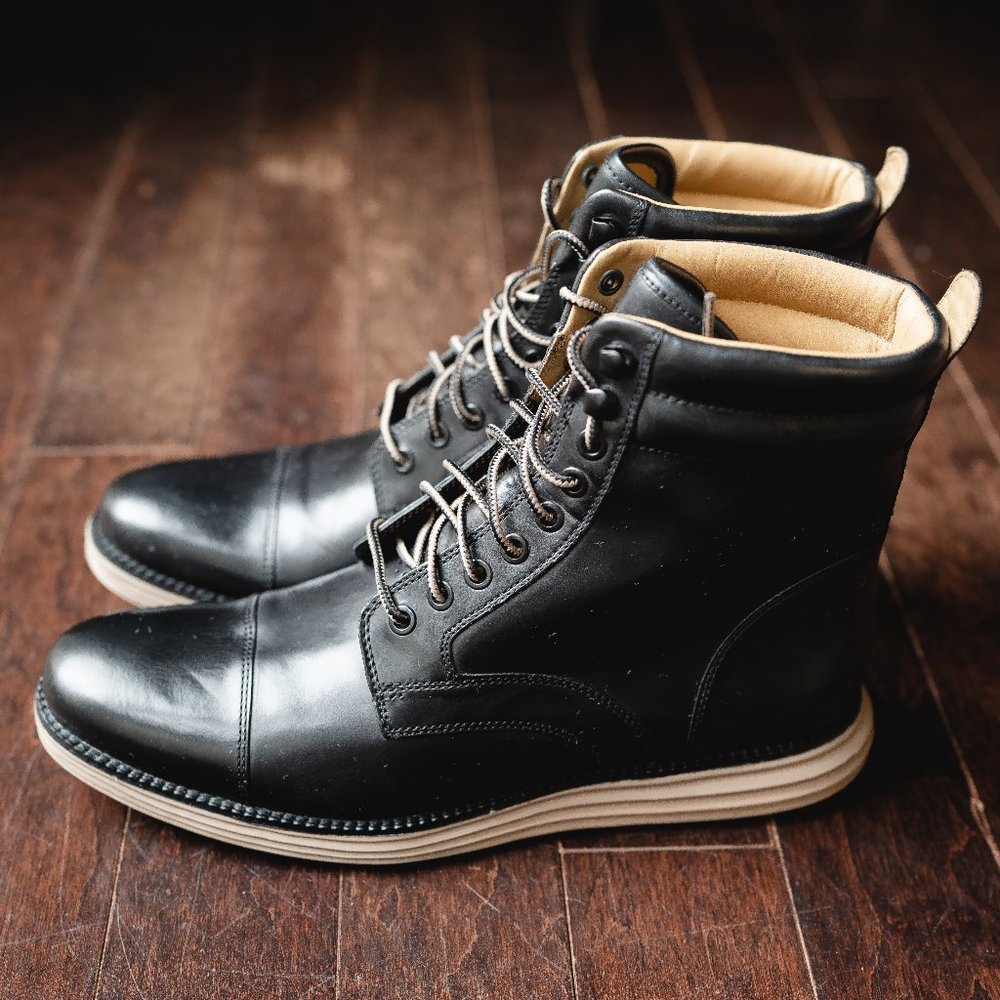 Cole Haan Lunargrand Lace Boots, Black Leather, Size 9.5